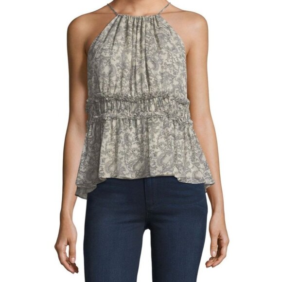 Joie Shawnette Halter Neck Lightweight Blouse Ruched Gray Damask Print M - Picture 1 of 5